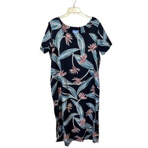 Womens Vtg Shift Midi Dress Anna Ocean Black Floral Silk XL Hawaiian Tropical